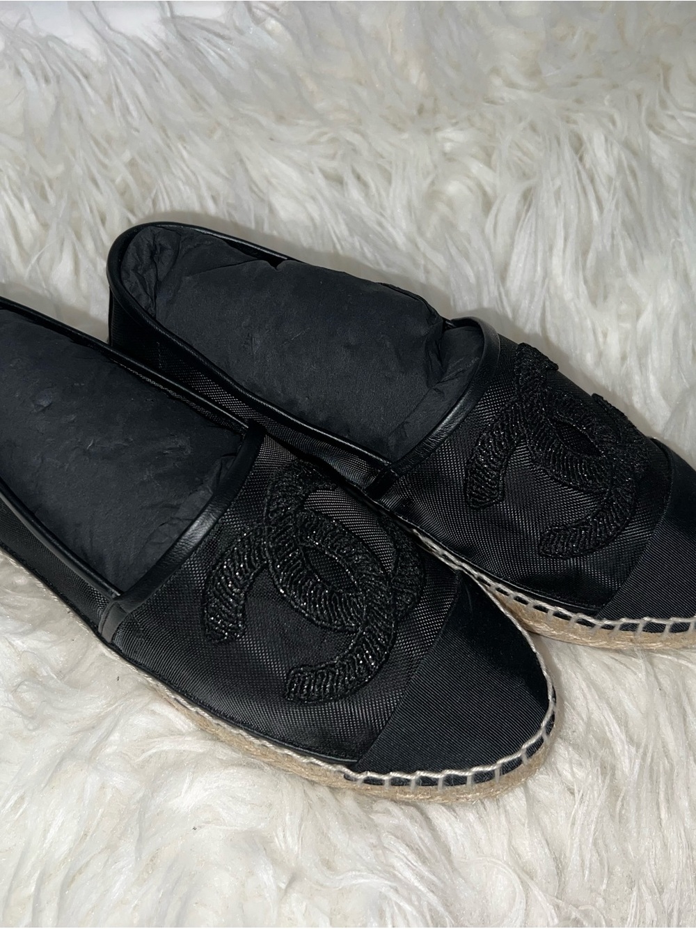 CHANEL Black Mesh Espadrille Slip-Ons with Embroidered CC - Picture 3 of 13